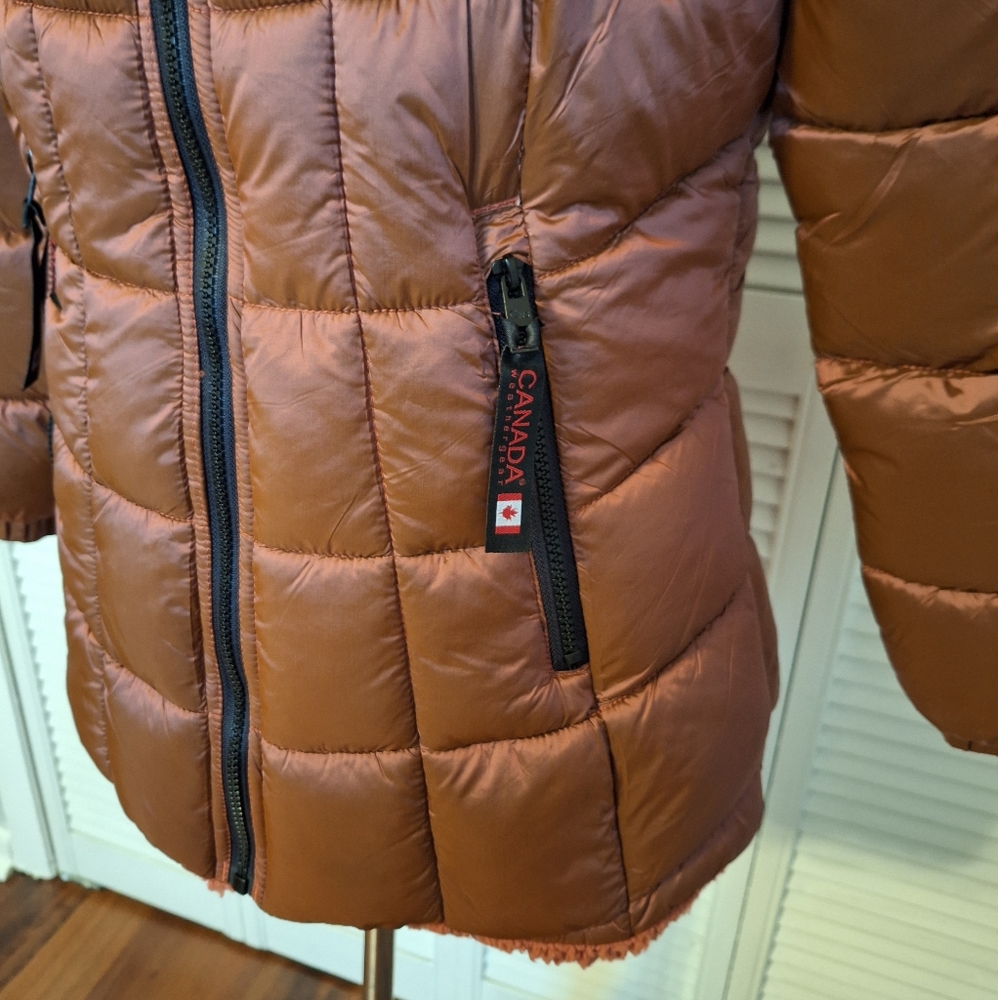Canada vegan fur terracotta waterproof puffer hoodie jacket medium NWT - Picture 8 of 11